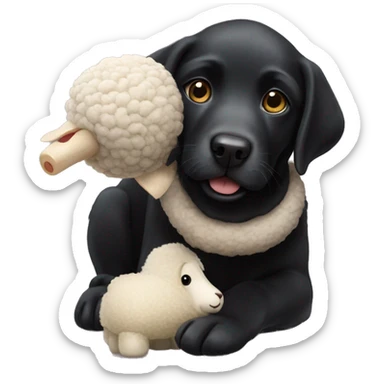 Black Labrador Retriever with a stuffed sheep toy in its mouth sticker