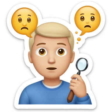 Realistic emoji-style man in simple everyday clothes, looking thoughtful and analytical. A thought bubble above his head shows a critical-thinking icon (question mark + magnifying glass). Soft lighting, expressive critical facial expression. sticker