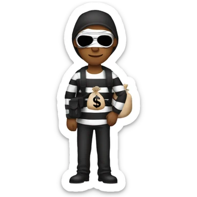 Bank robber wearing black and white striped shirt black eye face mask and holding a brown sack over the shoulder that has the dollar symbol sticker