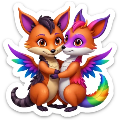 black female raccoon dragon hybrid with rainbow colored wings and purple eyes giving a hug to a red female fox dragon hybrid with rainbow colored wings and orange eyes sticker