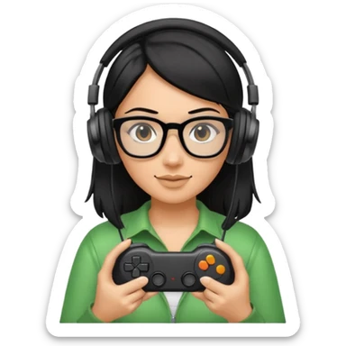 
gamer, woman shiny black hair no eyebrows with glasses, headphone, gamepad sticker