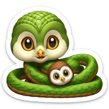 Cute baby snake looking at a baby owl sticker
