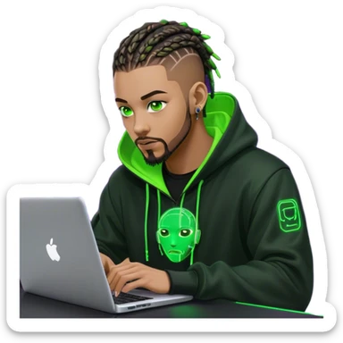 Light skinned African American male with green eyes as a cyberpunk hacker with cornrows hairstyle but short cornrows  with goatee facial hair  coding on laptop  sticker