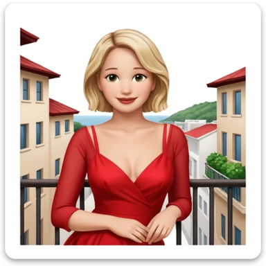 jennifer lawrence, red dress leaning on a balcony with a harbor and cityscape in the background, smiling sticker