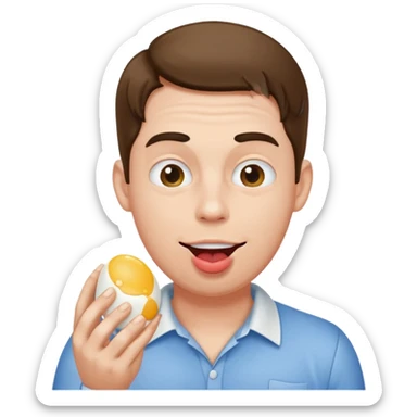 guy drooling alot of spit, holding egg sticker