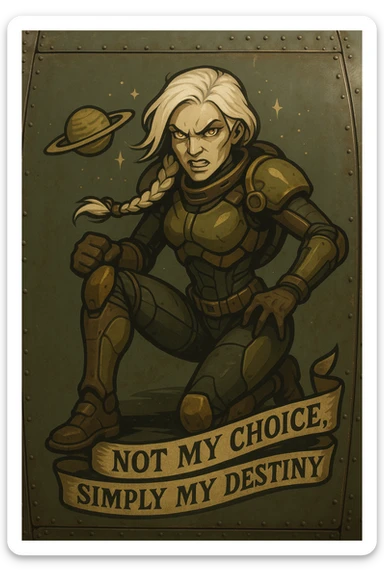 a retro military pinup fuselage decoration for the motto " not my choice, simply my destiny "
; female figure, white hair 1 braid, gold yellow eyes, spacer, fierce, exo-rogue, menacing yet taunting sticker