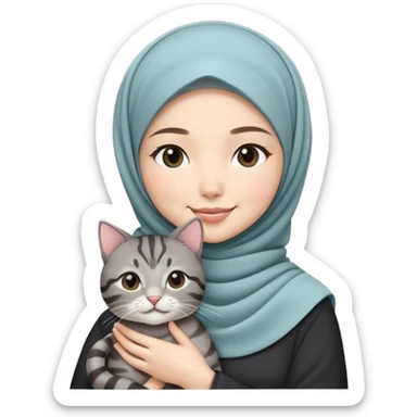 Asian White girl wearing cute hijab holding a black grey tabby cat while smiling.  sticker