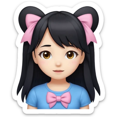 A kawaii-style emoji of a cute anime girl with long, straight black hair, with side bangs, big shiny brown eyes, and soft makeup. She has a small pink bow on her hair and is wearing a pastel blue top but with a Sonic the Hedgehog design printed on it (cute Sonic style). sticker