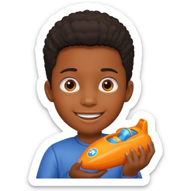 black kid playing orange formula 1 toy sticker