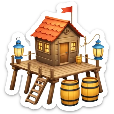 
fisherman house on a wooden pier, small dock, fishing nets hanging, barrels, lantern, ocean vibe, 3D cartoon, cute mobile game icon, clean background, no text
 sticker