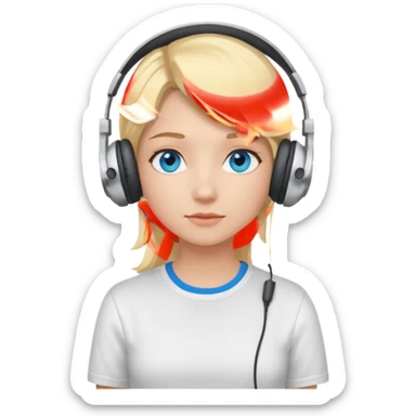 girl with blonde hair and blue eys, having on ears heaphones, with heands telling what, with white shirt sticker