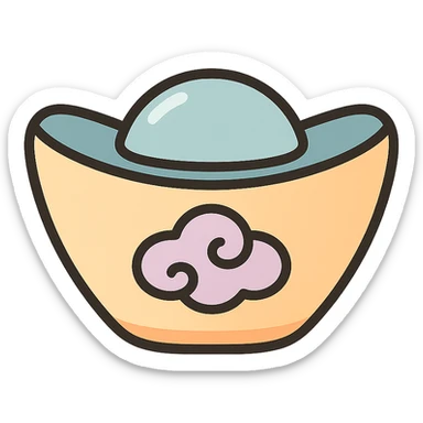 Chinese gold ingot (yuanbao) with cloud pattern, thin clean contours, soft rounded shapes, pastel palette #98B5BC, #B5B3C1, #C9A3C9, #E4C0CA, #F7DCD1, #F7C0AA, detailed shadows and highlights, soft lighting, transparent background, Chinese eastern style, no surrounding decoration sticker