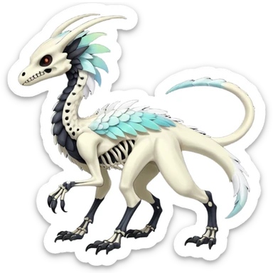 Rare realistic tribal patterned white whitish pastel colorful iridescent shiny glossy feathered skeletal badass epic handsome gorgeous aesthetic black-skulled Vernid-Trico-Sergal-Salandit-Nargacuga-species-Fakemon-creature by LiLaiRa, 4 legs, 1 tail, random markings, (full body) long ears sticker