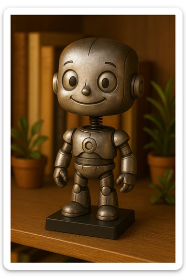 a robot bobblehead, metallic, friendly face, oversized head sticker