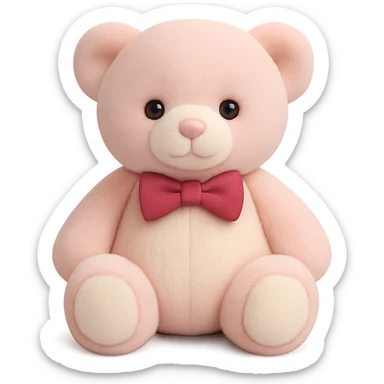 Add a bow tie to the teddy bear, keeping the pink and white fur, flat lighting, no shadows or background, soft plush look, maintain transparency. The style should reflect a soft plush teddy bear with flat lighting and no shadows, isolated on a transparent background. sticker