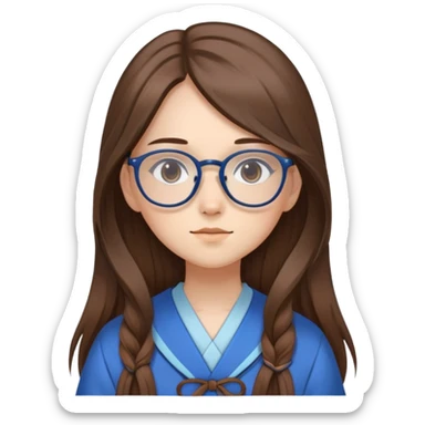 A girl with a blue and brown mori kei outfit, make her hair long and silky with the color brown. Also add glasses sticker