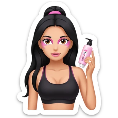 beauty routine, spa, pink face cream, long black hair tanned woman, black sports bra, sexy, hot  sticker