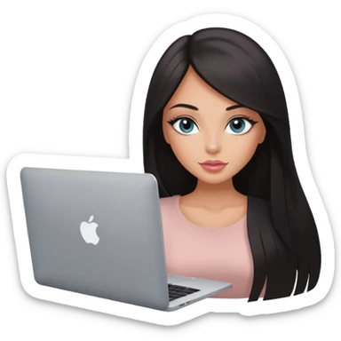 Glamours, tanned, very beautiful girl, with big pump peach-beige-rose lips, eyeliner, long long lashes, black straight smooth silky long hair, straight parting hair, blue-grey eyes with macbook sticker