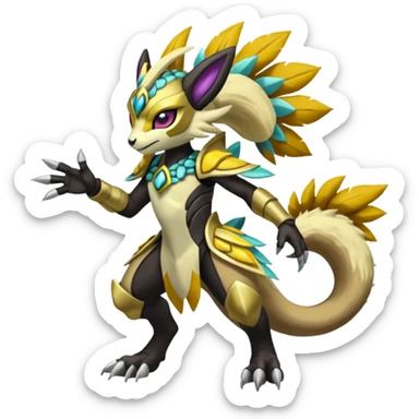 Colorful masked armored leathery scaly furry Meloetta-Manectric-Solgaleo-Raikou-Pokémon-Digimon-Fakémon-fusion-hybrid-creature sticker