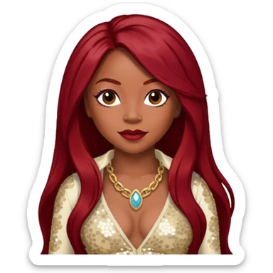 LaTavia Robeson from Destiny's Child with long dark red hair, ivory sequin outfit sticker
