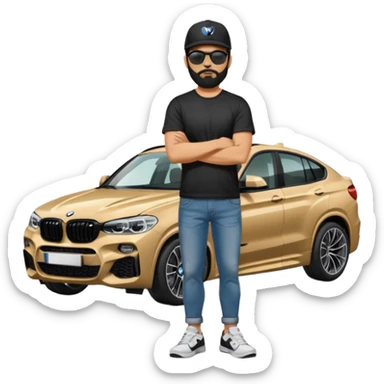 A man with black hair and beard standing next to his grey BMW X4 M competition. He has his arms crossed and he is wearing plain tshirt, jeans and sneakers, and sunglasses and a black baseball cap on sticker