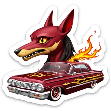 Satans Hot rod custom 1964 impala low rider four door Anubis theme painted hood flaming side-pipes driving straight to hell  sticker