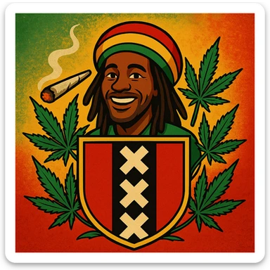 Create a digital illustration of a Rasta man with a friendly expression, wearing a red, gold, and green tam (Rastafarian hat), with dark brown skin and dreadlocks. Place him inside a bold, stylized Amsterdam coat of arms flag. The flag should have red, black, and gold tones with three white Xs in a vertical black stripe in the center. Surround the coat of arms with vibrant green cannabis leaves, a smoking spliff with rising smoke on the left side, and a textured reggae-colored background blending green, gold, and red. The style should be vintage, bold, and clean — like a high-quality reggae poster with modern emoji art flair. sticker