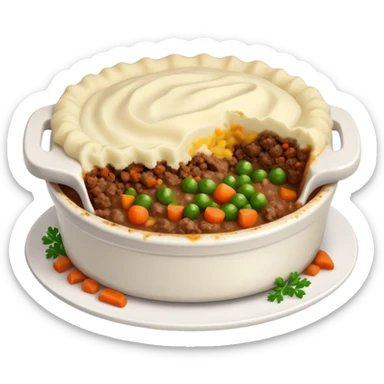 Cinematic Realistic Shepherd's Pie Dish Emoji, depicted with rich, savory minced lamb and vegetable filling topped with creamy mashed potatoes, rendered with exquisite detail and natural warm lighting that highlights its homestyle appeal. sticker