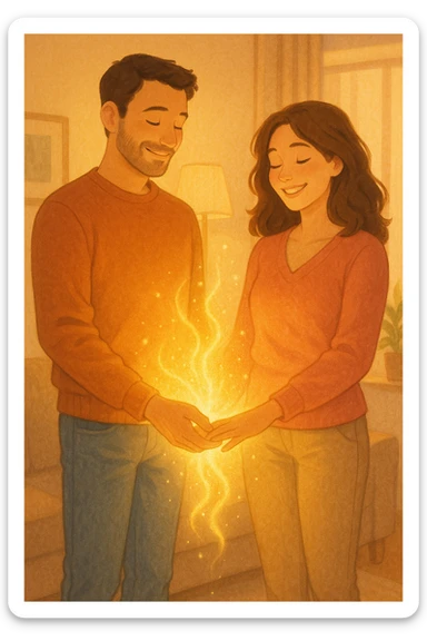 Vertical format: couple holding hands, positive energy flowing between them, bright home environment, relaxed and happy expressions. sticker