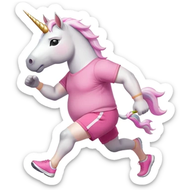 friendly anthropomorphised male white unicorn with an extra chunky, very strong and stocky build, arms and legs matching the white of the head, in grey shorts and pink t-shirt, wearing dark sunglasses, jogging upright in a standard pose sticker
