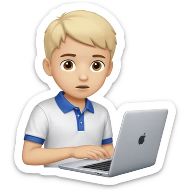 boy with polo tshirt with laptop trying to figure out something sticker