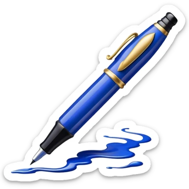 Create a vibrant emoji featuring a classic ink pen (fountain pen) as the main symbol of prose writing. The design should highlight the elegant curves of the pen, with ink flowing from the nib onto a blank page or scroll. Use deep ink blue, black, and subtle metallic accents to convey sophistication and creativity. The emoji should be simple yet striking, representing the art of storytelling. Make the background transparent. sticker
