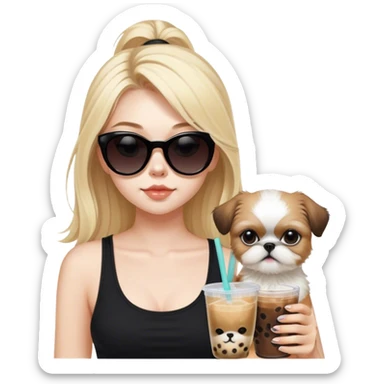 Blonde girl with pale skin and long hair with black cat eye sunglasses in black tank top holding boba tea and holding tan Shih Tzu  sticker