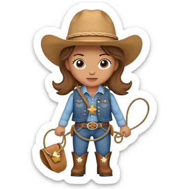 A cuddly cowgirl plush toy with denim vest, cowboy boots and a lasso sticker