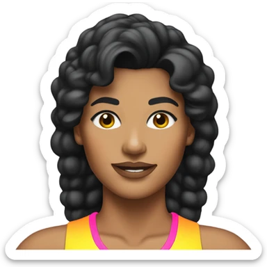 Tanned woman with black hair dressed in 1980s fitness hair, makeup, and neon attire  sticker