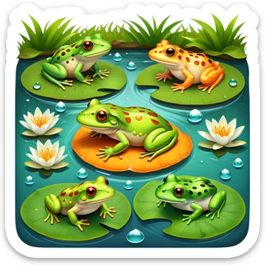 Icon for Amphibians: A colorful collage with various amphibians like a bright green frog sitting on a lily pad, a small salamander with orange spots, and a toad with bumpy skin. Water droplets around them and a pond in the background. Transparent background. sticker