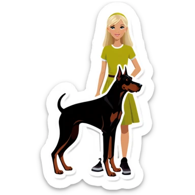 Blonde girl and greyish brown doberman sticker