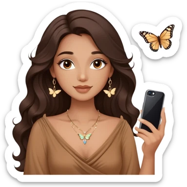 A girl with long dark wavy hair, soft glam makeup, wearing a brown top with a draped neckline, natural glowing skin, and a small delicate necklace. Calm and elegant expression, holding a butterfly-decorated phone case while taking a selfie sticker