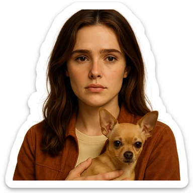 Portrait centered for Instagram profile picture, inspired by facial features visible in the reference images of Zoe Deutch, tanned complexion, subtle freckles, shirt color #FFF8CA, rust-colored jacket, medium-length brown hair with auburn highlights, pensive and melancholic expression, holding an expressive and cute beige-brown chihuahua, Netflix series style, transparent background, intimate and expressive atmosphere inspired by Tenerife. sticker