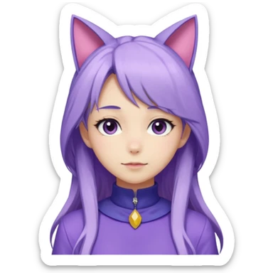 female anime character with long periwinkle hair and cat ears on her head. She is wearing a purple outfit with a high neckline and long sleeves.  sticker
