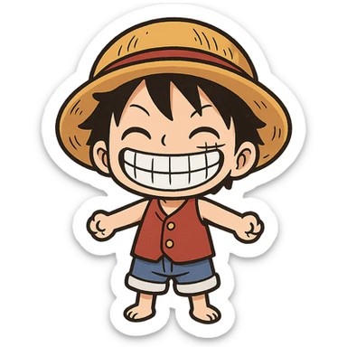 adorable small Luffy, straw hat, blue shorts, grinning, cartoon style, chibi style, cute character sticker