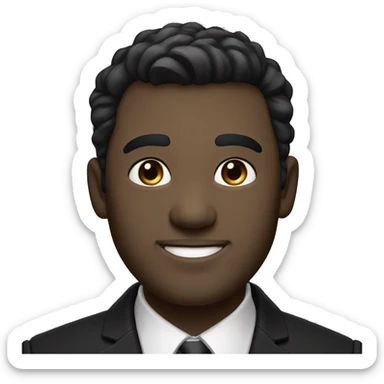 Portrait of an adult smiling man, fair skin, bold black-gray ombre hair, black eyes, wearing a black office suit and a white collared shirt underneath. sticker