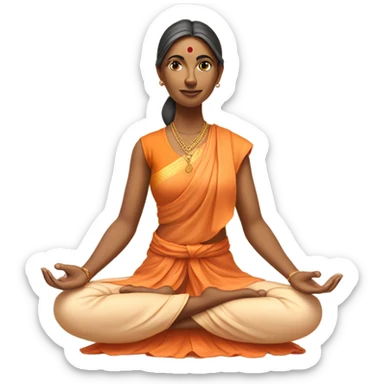 an  Indian woman, sleeveless pastel shirt
 yogi with a peaceful and meditative expression. The character should be wearing an orange robe, symbolizing traditional yogic attire. The yogi can be sitting in a lotus position sticker