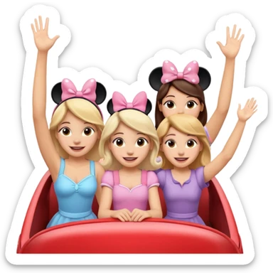 quatro chicas montadas en una atraccion de levantando la mano con orejas de Disney puestas en una atracción sticker