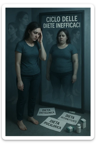 Donna tra i 30 e i 40 anni, in piedi davanti a uno specchio, con espressione delusa e stanca. Accanto a lei, sul pavimento, scatole di integratori, foglietti con scritte tipo 'Dieta chetogenica', 'Digiuno intermittente', 'Dieta ipocalorica'. Riflesso nello specchio mostra una versione di sé con peso aumentato, come se fosse tornata indietro nel tempo. Attorno a lei, immagini sbiadite o sovrapposte di sé in passato, quando era dimagrita. Atmosfera emotiva, simbolica, con luce fredda e sfumature di frustrazione. Messaggio visivo forte: 'ciclo delle diete inefficaci' in italiano sticker