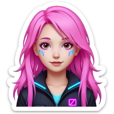 girl neon cyberpunk light pink happy long hair sticker