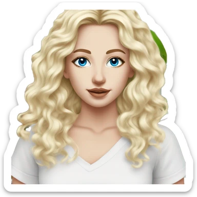 White girl- ocean blue eyes - beauty face mask massage -full care- blonde long curly hair  white off shoulder shirt sticker