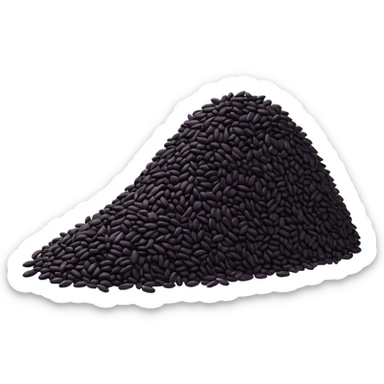 loose scatter of uncooked black rice grains, glossy elongated shape, deep purplish-black color, smooth slightly curved surface, subtle natural variations in tone, soft lighting, subtle shadows, emoji scale sticker
