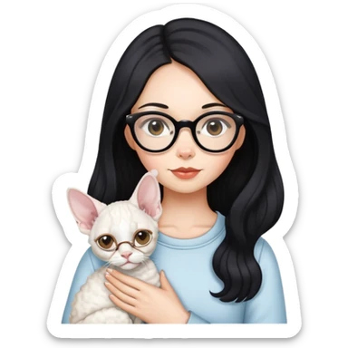 A girl with long black hair and glasses is holding a white Devon Rex sticker