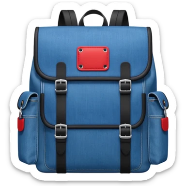 Minimalist emoji-style icon of a stylish blue denim backpack with a flap top, two vertical black buckle straps, a large red-white-navy horizontal block in the center, and two zipper side pockets. Inspired by Tommy Jeans design. Front view, cartoon-like, clean design.

 sticker